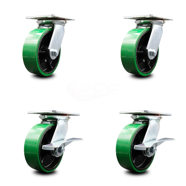 6 Inch Green Poly on Cast Iron Swivel Caster Set with Ball Bearings 2 Brakes SCC